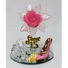 Mis Quince Anos Sweet 15 Pink Acrylic Flower with High Heel Shoe Favor and Purse Gift Keepsake